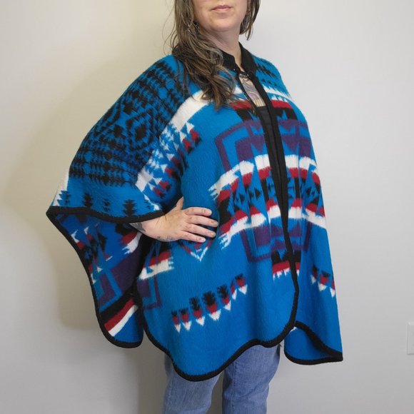 Made in Ecuador Southwestern Blanket Poncho Chief Joseph Super Soft Teal Blue - Picture 8 of 10